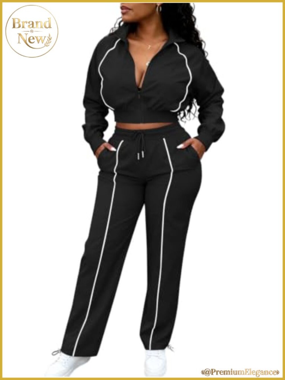 Women 2 Piece Tracksuit Windbreaker Cropped Zip Jacket Wide Leg Jogger Pants Set